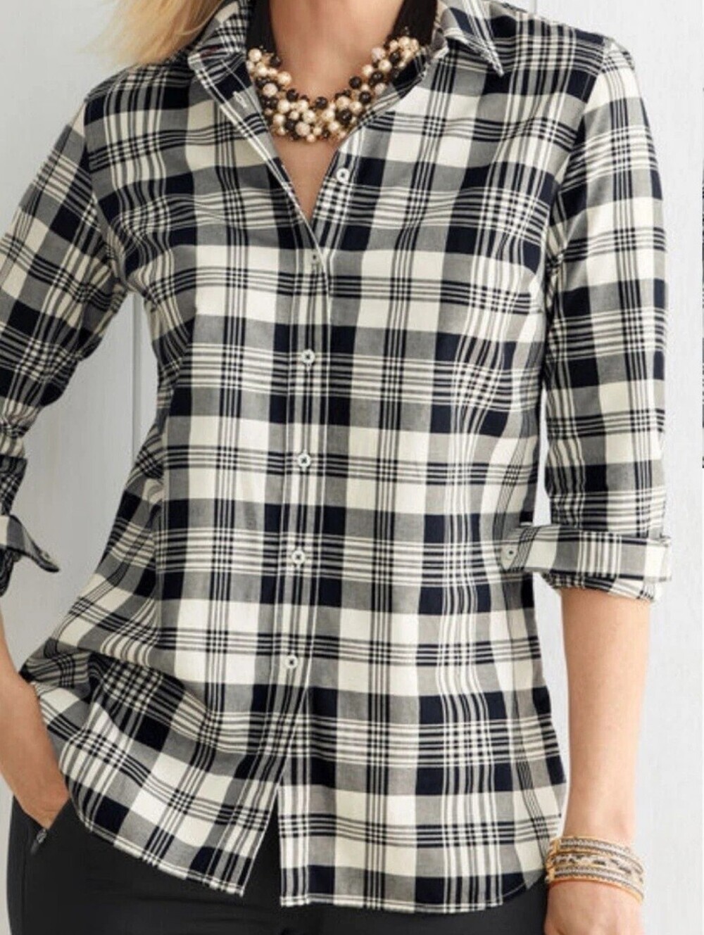 Coldwater Creek Black and White Plaid Button-Down Shirt
